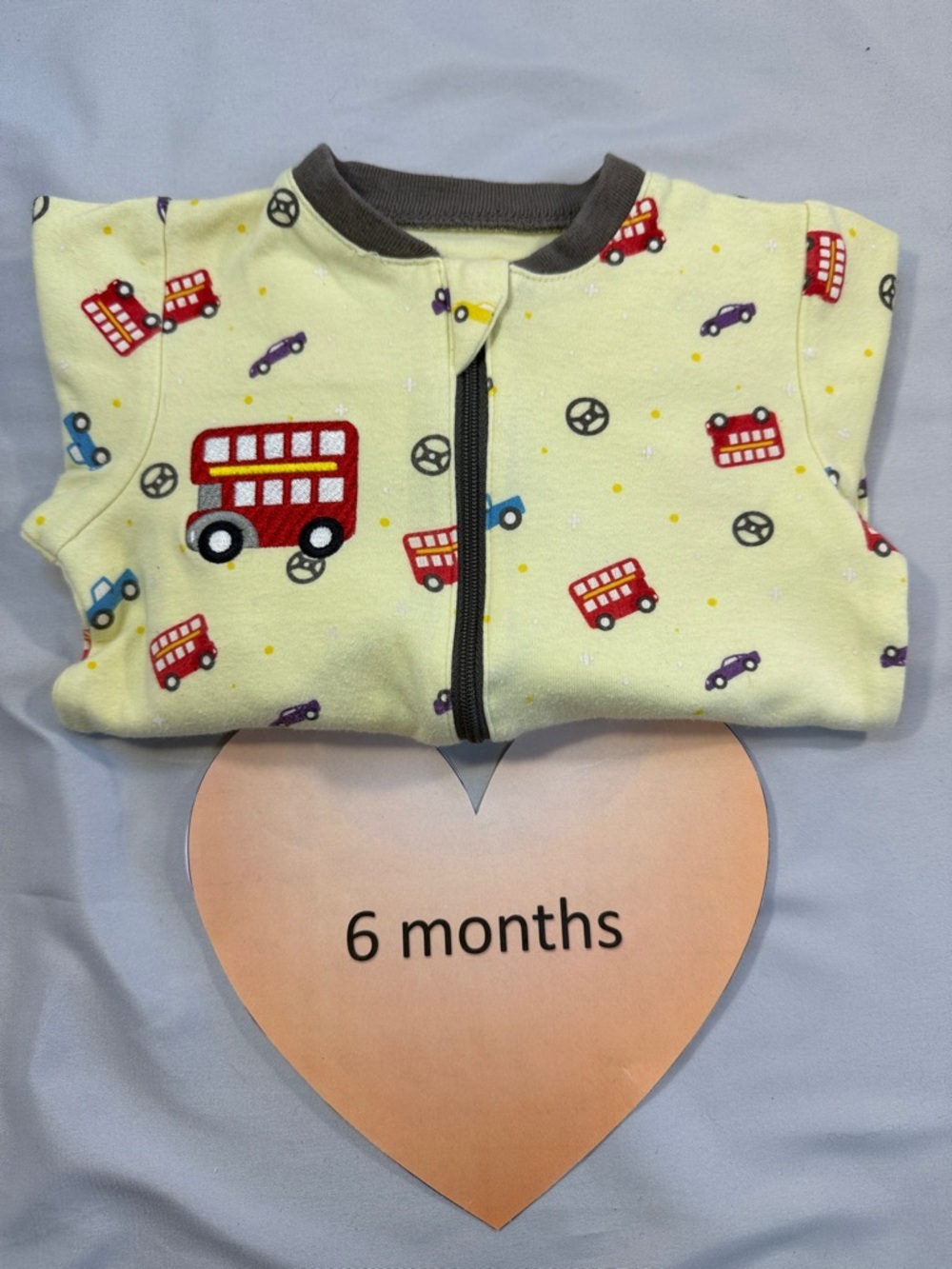 Tuffy - Yellow Baby Onesie with Red double decker Bus Print